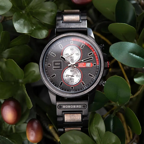 Montre bois automatique-Arborea -Â cadran noir et rouge