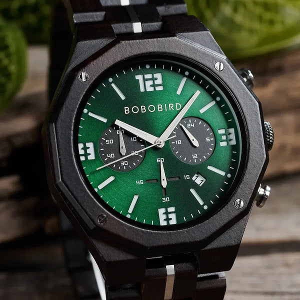 Montre bracelet bois-Sylvéo - cadran vert et noir