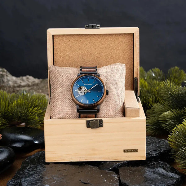 Montre en bois automatique pour homme-Aurelius -Â cadran bleu