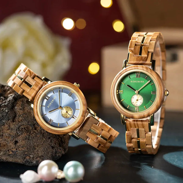 Montre bracelet bois femme - cadran bleu et vert