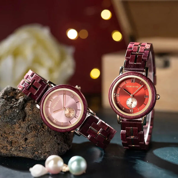 Montre bracelet bois femme - cadran rose et rouge
