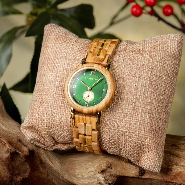 Montre bracelet bois femme - cadran vert
