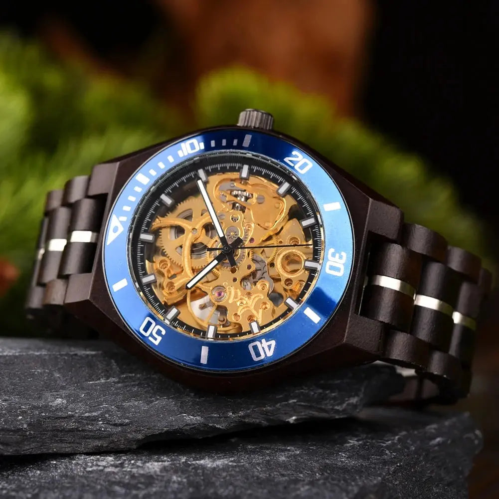 Montre en bois automatique-Boésia - bleu