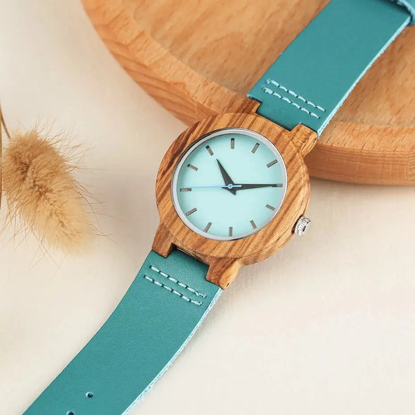 Montre en bois pour femme - bracelet bleu