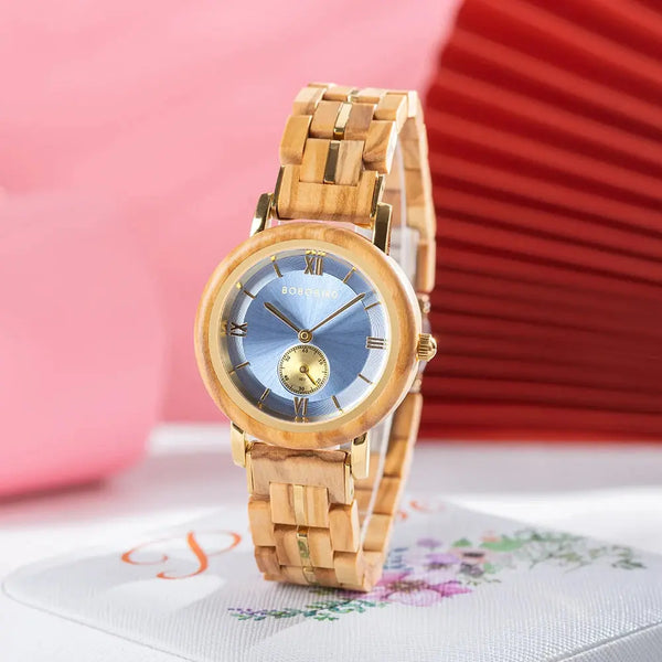 Montre femme en bois - cadran bleu