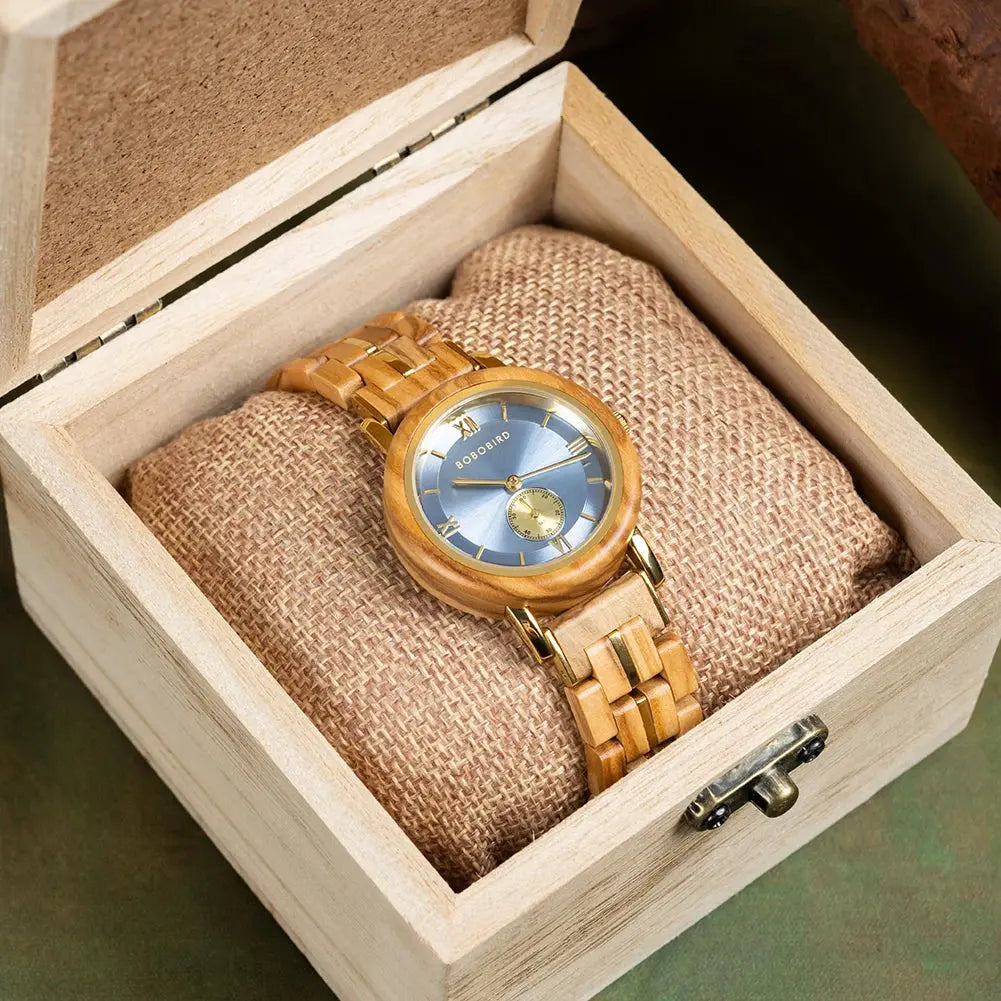 Montre femme en bois - cadran bleu et bracelet bois