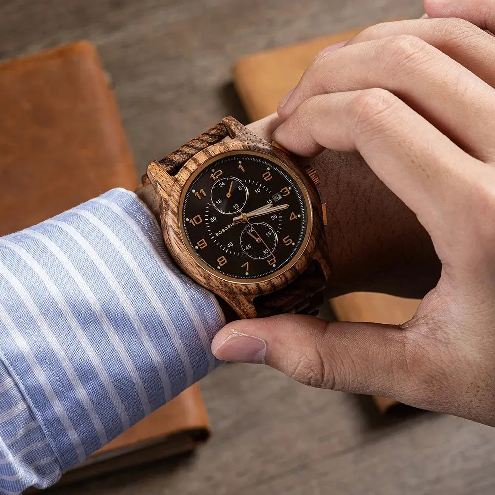 Montre en bois pour hommes BOBO BIRD chronographe montre-bracelet avec aiguilles lumineuses montres en bois cadeau d'anniversaire pour lui Bobobird-Paris