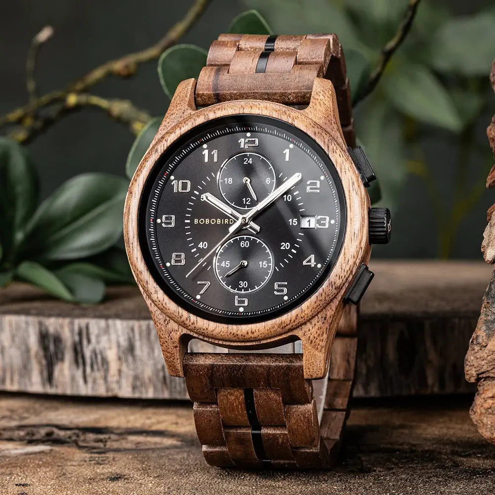 Montre en bois pour hommes BOBO BIRD chronographe montre-bracelet avec aiguilles lumineuses montres en bois cadeau d'anniversaire pour lui Bobobird-Paris